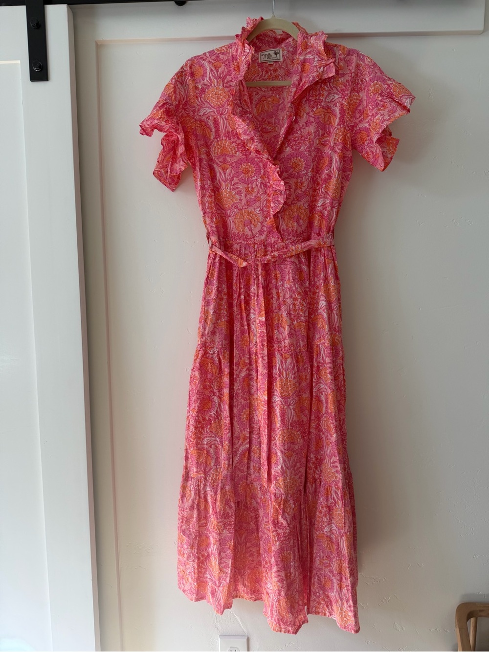 Pink Floral Ruffle Maxi Dress with Tie Waist